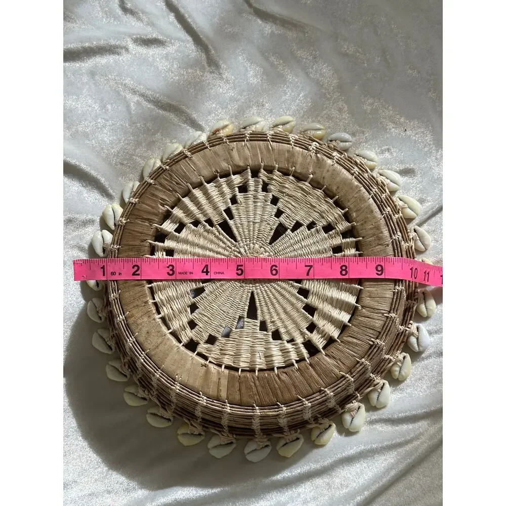 Vintage Hand Woven Seagrass Raffia Bowl Sea Shell Trim & Embroidery Boho Coastal